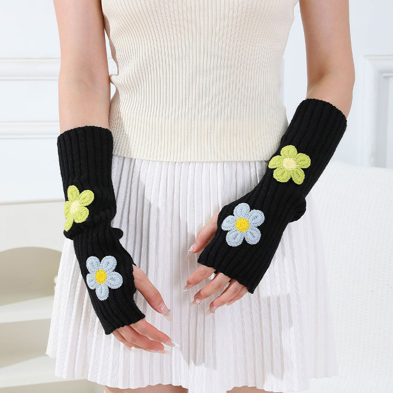 Fingerless Glove Knit - อุปกรณ์เสริมสไตล์ Y2k ปลอกแขนถักลายดอกไม้สีชมพูหวาน สไตล์พรีปปี้ ถุงมือถักแบบไม่มีนิ้วสำหรับฤดูหนาว 1