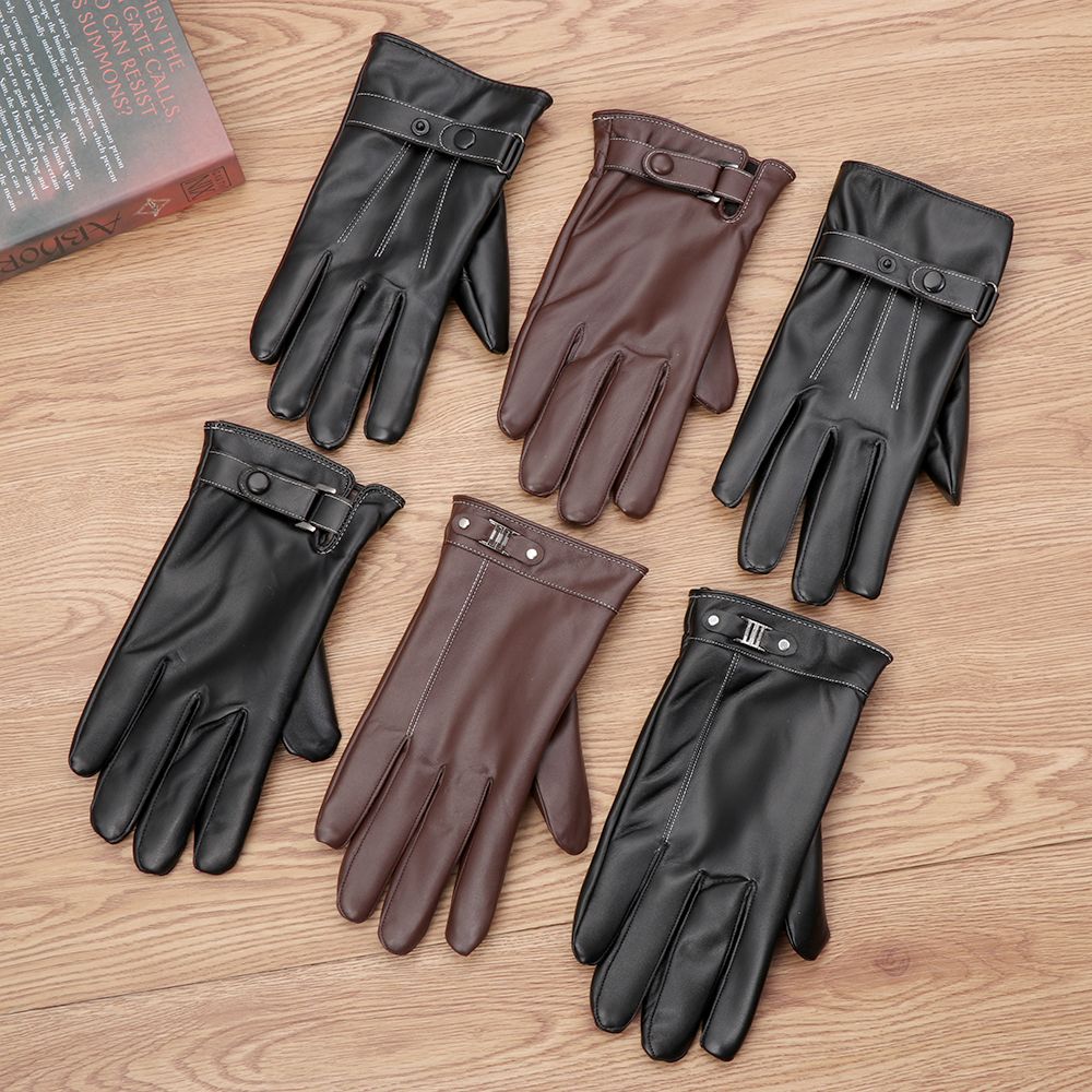 Leather Driving Glove - ถุงมือหนังขนแกะกันหนาวสำหรับผู้ชาย, ถุงมือกันลมหน้าจอสัมผัสกันน้ำถุงมือขับรถถุงมือแบบเต็มนิ้วสีดำ