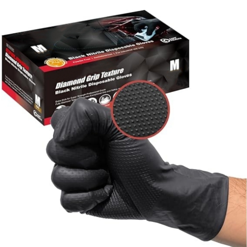 Nitrile Mechanic Glove - ถุงมือไนไตรล์สีดำแบบหนา 8 มิล ถุงมือทำงานแบบใช้แล้วทิ้ง ผิวสัมผัสแบบเพชร ถุงมือป้องกันสำหรับงานอุตสาหกรรม