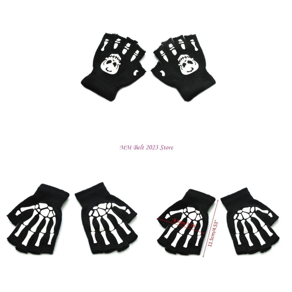 Fingerless Glove Knit - ถุงมือถักอุ่นสำหรับเด็ก 49ME โครงกระดูกฮาโลวีนครึ่งนิ้วเรืองแสงในถุงมือสีเข้ม
