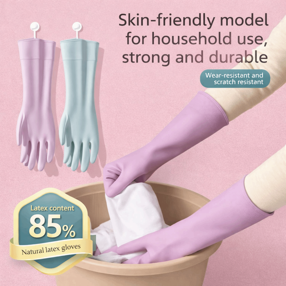Dish Glove Rubber - ถุงมือยางล้างจานพร้อมซับในผ้าฝ้าย ถุงมือยางแบบใช้ซ้ำได้ ถุงมือกันลื่น ถุงมือกันน้ำสำหรับทำความสะอาดห้องครัวห้องน้ำ
