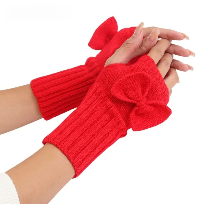 Fingerless Glove Knit - ถุงมือถักแบบไม่มีนิ้วพร้อมโบว์ – ที่อุ่นแขนสำหรับผู้หญิงที่นุ่มและอบอุ่นสำหรับฤดูหนาว, เครื่องประดับแฟชั่นน่ารักสำหรับใช้ในชีวิตประจำวัน