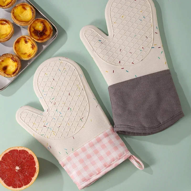 Oven Mitt Silicone - เตาอบไมโครเวฟถุงมือทนความร้อนซิลิโคน Anti Scalding ผ้าฝ้ายเบเกอรี่ถุงมือทําอาหารอุปกรณ์ครัวเตาอบ Mitts Bakeware