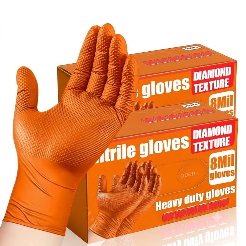 Nitrile Mechanic Glove - ถุงมือไนไตรล์สีส้มแบบหนา 8 มิล ถุงมืออุตสาหกรรมแบบใช้แล้วทิ้ง พร้อมพื้นผิวลายเพชรเพื่อการยึดเกาะ สำหรับช่างยนต์