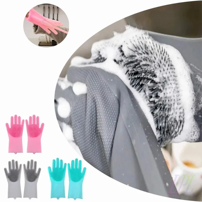 Dish Glove Rubber - 1 PC ซิลิโคนล้างจานถุงมือทําความสะอาดถุงมือยางซิลิโคนฟองน้ําถุงมือ Scrubber เครื่องมือทําความสะอาดห้องครัวสัตว์เลี้ยงถุงมืออาบน้ํา