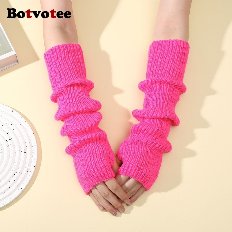 Fingerless Glove Knit - Botvotee Y2k อุปกรณ์เสริม ถุงมือถักกันหนาวสำหรับฤดูหนาว แบบไม่มีนิ้ว ปลอกแขนกันหนาวสีดำ