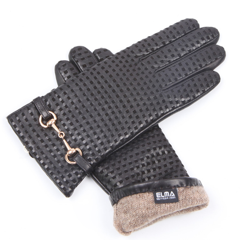 Wool Glove Lined - ถุงมือหนังแท้สำหรับฤดูใบไม้ร่วงและฤดูหนาว ถุงมือผู้หญิงแบบกันความร้อน ขนแกะนำเข้า บุขนสัตว์ถักนิตติ้ง ตกแต่งด้วยโลหะ รุ่น